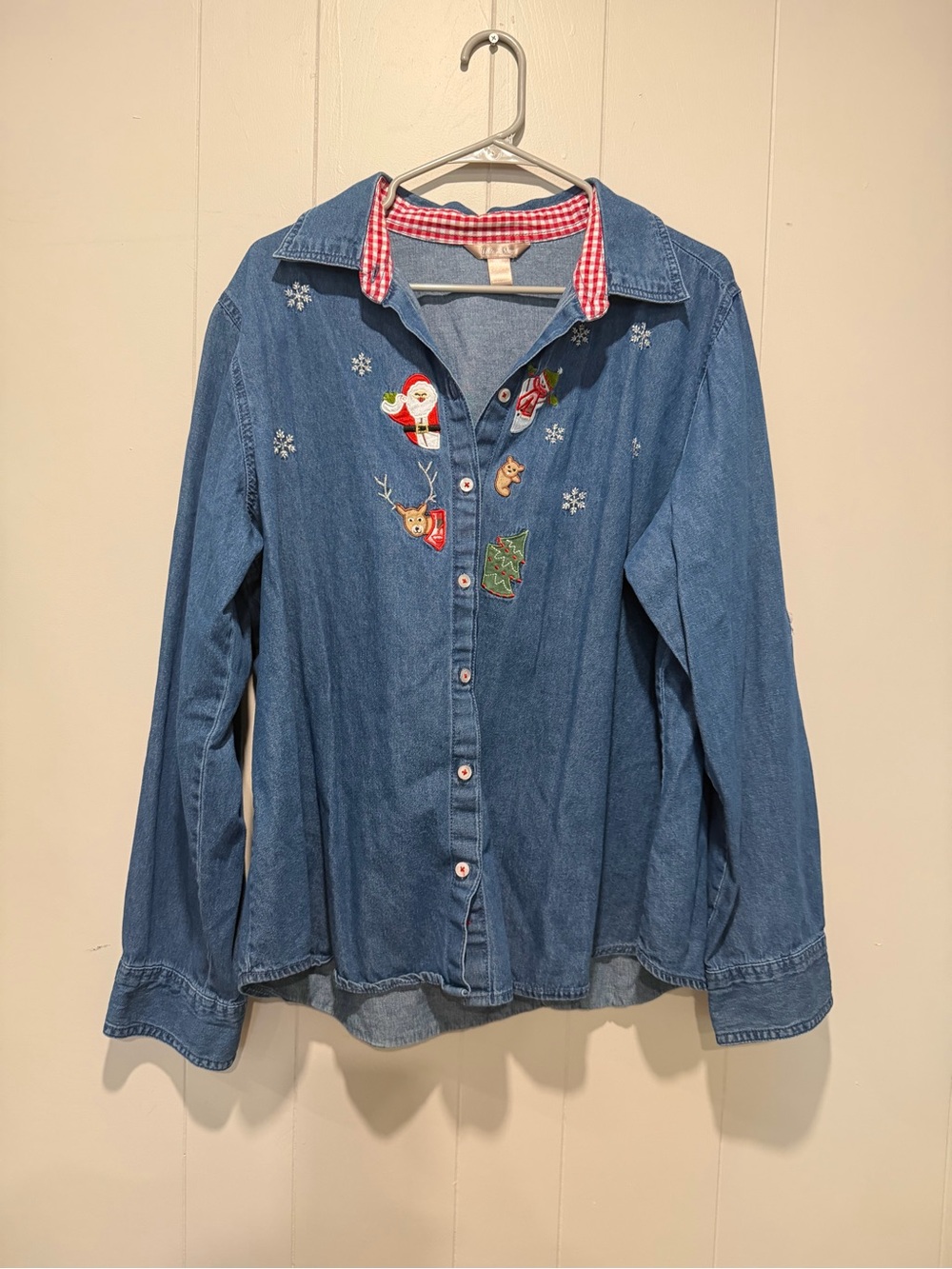 White Stag Blue Denim Button-Down Shirt with Festive Embroidery